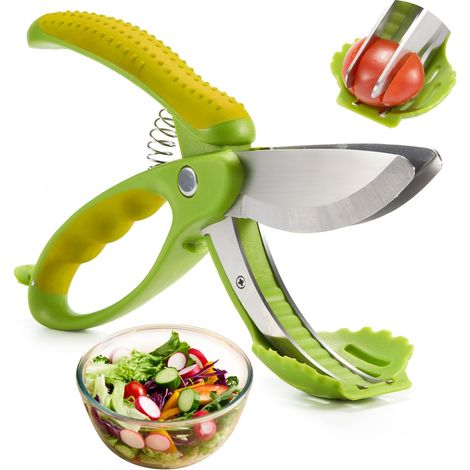 Ciseaux à salade à double lame - Idéaux pour mélanger et couper les légumes dans un saladier, jaune et vert (1/5)