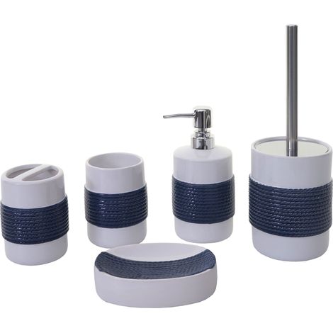 5-teiliges Badset HHG-684, WC-Garnitur Badezimmerset Badaccessoires, Keramik blau/weiß (1/5)