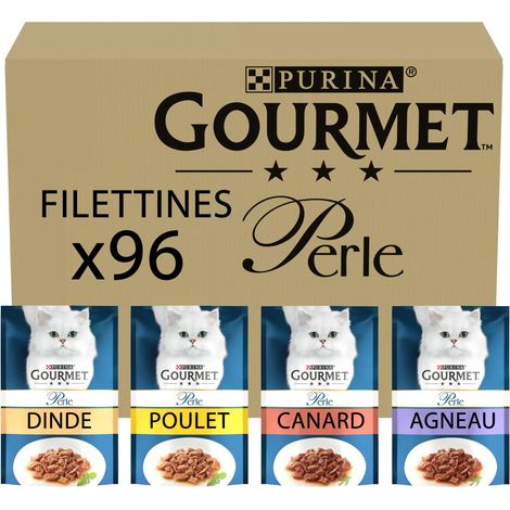 Purina Gourmet Perle Filettini in Salsa Cibo Umido per Gatti con Anatra, Agnello, Pollo, Tacchino, 96 buste da 85g (1/5)