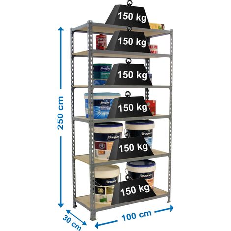 SimonRack Scaffale Portaoggetti, 2500x1000x300 mm, 6 Ripiani in Legno, Portata 150 kg per Ripiano, Scaffale da Garage, Grigio/Legno – Maderclick