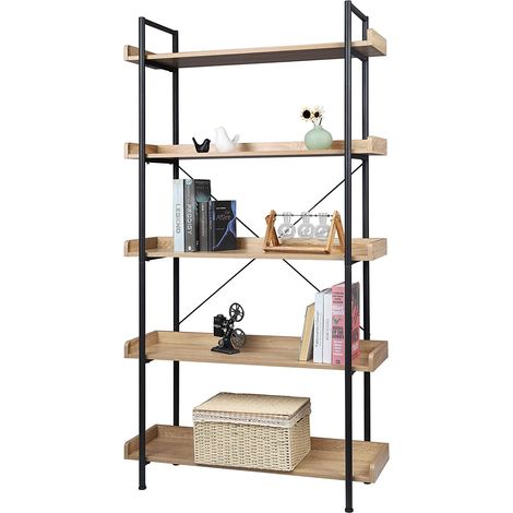 Woltu – Bibliothèque en bois et métal 5 niveaux – Dimensions 91x25,5x173 cm – Couleur noir et chêne clair – Capacité de charge 20 kg par étagère