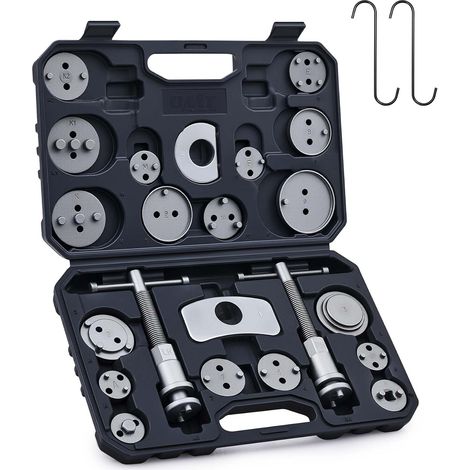 24Pcs Kit d'Outils de Repousse Piston Étrier de Frein avec Boulons de Poussée Plaques de Retenue Supports d'Étrier 18 Adaptateurs de Disque Outils de Mécanicien avec Mallette, Noir (1/5)