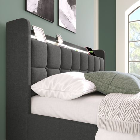 Lit rembourré 90×200cm gris,charge USB,éclairage LED tête de lit,2 tiroirs,rangement,cadre à lattes bois sans matelas