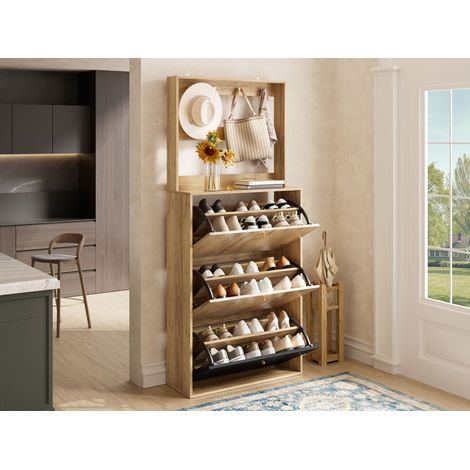 Meuble à chaussures moderne avec crochets, 3 compartiments de rangement rabattables, idéal pour l’entrée, finition bois naturel et noir, dimensions : L75/H180/P24 cm (1/5)