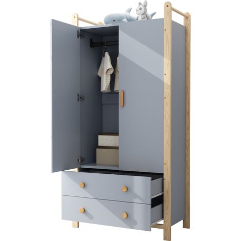 Armoire penderie 2 portes avec 2 tiroirs, tringle intérieure et rangement vertical 90 x 45 x 180 cm, bleu et bois clair, CHICFURN (1/5)