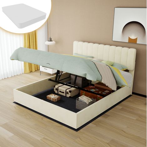 Bett modern gepolstert in Beige 160x200 cm mit hohem Kopfteil, Metallgestell und Matratze inklusive (1/5)