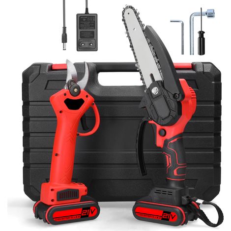 Sjlerst – Tronçonneuse à batterie 6 pouces avec 2 batteries 21V – Moteur à balais performant – Coupe nette pour bois dur et teck – Sécateur électrique inclus