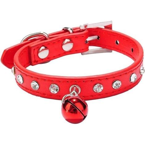 Crystal Dog Collar, with Adjustable Safety Buckle and Bell, PU Leather Puppy Dog Cat Collars (Red) (1/3)