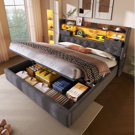 Letto matrimoniale 140x200 cm grigio in lino con contenitore idraulico, LED e porte USB/USB-C (1/5)