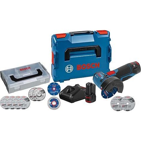 Kit Promo Bosch 2 pièces, composé d’une Meuleuse d’angle sans fil GWS 12V76 et d’un jeu de Disques et jeu de batterie (1/2)