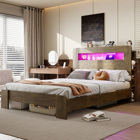 REDOM - Letto 140x200 cm con contenitore, illuminazione a LED e prese elettriche in legno (Senza materasso) (1/5)