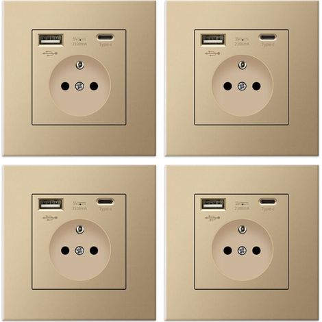 Lot de 4 prises murales avec USB et Type-C, 5 V 2,1 A, prise USB encastrée standard UE, multiprise France, 110-250 V (Doré)