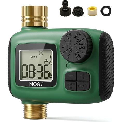 MOES Programmateur d'Arrosage Automatique 1 Voie, Minuteur d'eau avec Entrée et Sortie en Laiton, Contrôleur d'Arrosage Programmable avec Retardateur de Pluie et Mode Manuel, Nez de Robinet (1/5)
