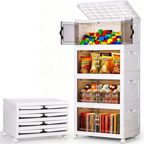 Lot de 4 Boîtes de Rangement Pliables 50x30 cm, Meuble à 4 Niveaux Boîtes Empilables avec Portes, Couvercles et Roulettes - Blanc (1/5)