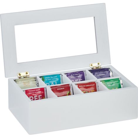 Relaxdays Scatola Porta Tè e Tisane, 8 Scomparti per Capsule Caffè, Cofanetto con Coperchio, 9x28x16 cm, Bambù, Bianco