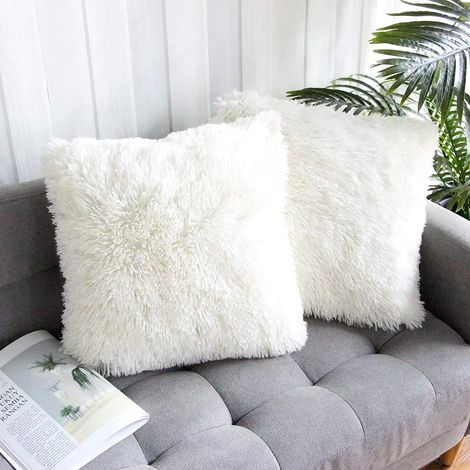 Lot de 2 housses de coussin en fausse fourrure, moelleuses et douces, pour salon, canapé, chambre, voiture, 45x45 cm, blanc. (1/3)