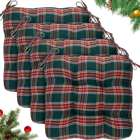 4 Coussins de chaise extérieur de Noël avec liens pour chaises de salle à manger, Coussins de siège à carreaux décoratifs de Noël pour cuisine, patio, maison, salon, 15 x 16'' (Vert) (1/5)