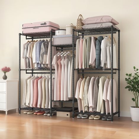 Portant à vêtements robuste – Organisateur de penderie autoportant et rack mobile – étagère en fil métallique réglable – Avec 8 tablettes et 5 barres de suspension – Noir (1/5)