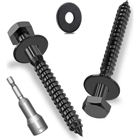 Lot de 12 vis à bois hexagonales M8 x 75 mm avec rondelles, vis hexagonales noires en acier inoxydable A2V2-DIN571, vis à clé avec rondelles et clé à douille (1/5)