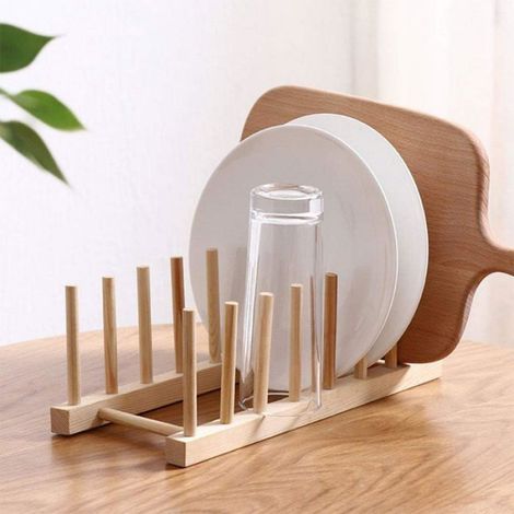 Étagères à vaisselle en bois - - Lot de 2 - Organiseur de cuisine - 16 piquets verticaux - 7 emplacements (1/5)