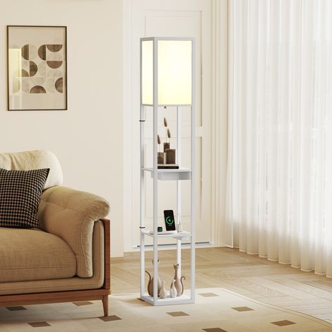 Lampe à pied avec étagère à 3 niveaux, interrupteur à pied, ports USB, MDF, blanc (1/5)