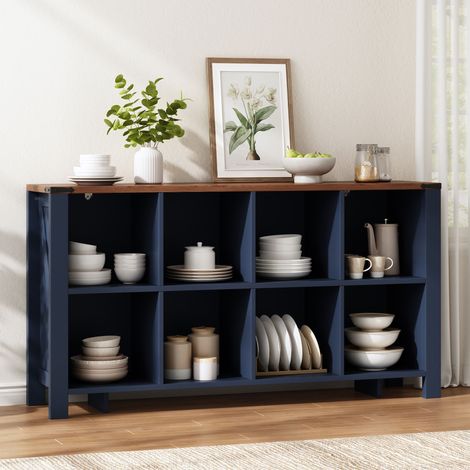 Bibliothèque basse 140x34x75 cm, meuble de rangement à 8 cases ouvertes, pour salon, anti-basculement, Effet Bois et Bleu Foncé (1/5)