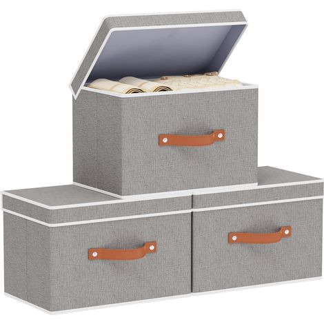 3 Pièces Boite de Rangement avec Couvercle, 38x25x25cm, Gris Paniers Rangement Dressing Pliables, Boîte Tissu avec Poignée, Caisse Vêtements pour Chambre à Coucher, Armoire (1/5)