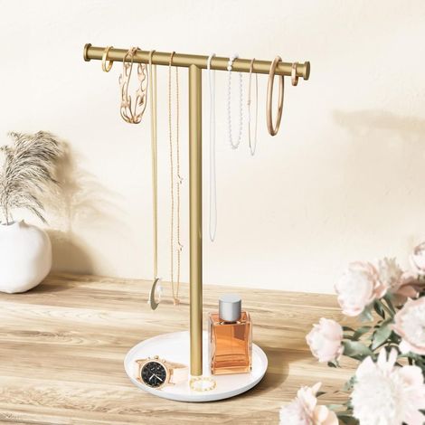 Soporte para joyas en forma de T, de color dorado, con estante y colgador de cadenas. (1/5)