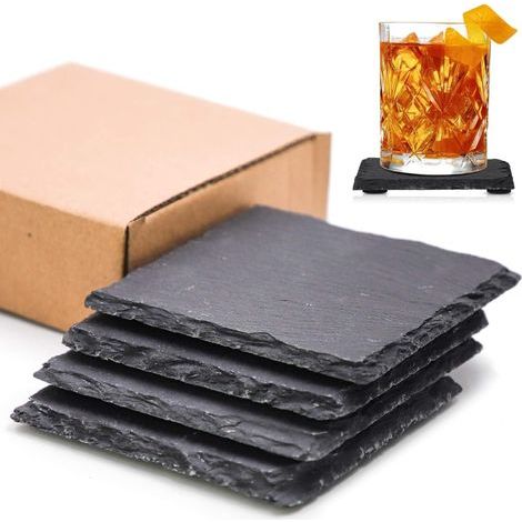 4-teiliges Set Schieferuntersetzer, 10 cm x 10 cm, schwarz, modernes Design, einfach zu verwenden, Größe 10 x 10 cm, für Kaffee, Bar, Küche und als Dekoration (1/5)