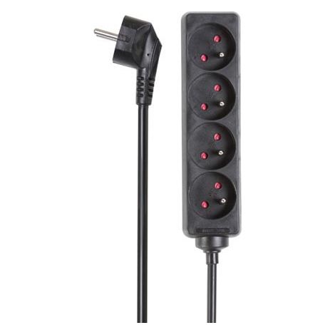 Perel Regleta con 4 Tomas Tipo E con protección Infantil, Cable H05VV-F 3G1.5 de 5 m, 3680 W, alargador Compacto para Interior, Negro, IP20, 16 A, 230 V