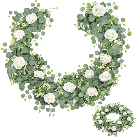 2 Pièces Guirlande Fleurs Artificielles 1,8m, Eucalyptus Artificiel avec Roses Blanches, Guirlande Eucalyptus Fausse Plantes Suspendues pour Décoration Mariage, Printanière, Table, Mur (1/5)