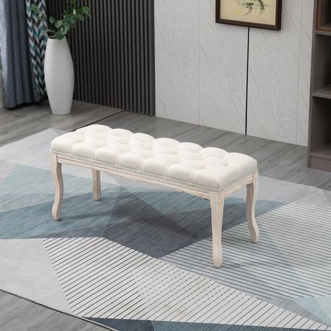 Polsterbank Vintage, Bettbank, Schlafzimmer & Wohnzimmer, Truhenbank, Gummiholz, Leinenbezug, Beige, 110x40x48 cm