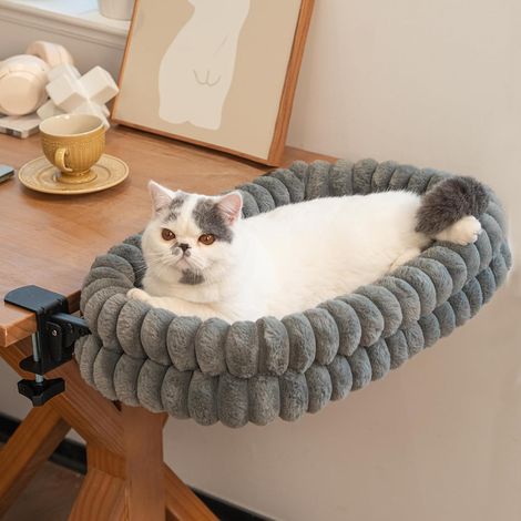 Lit pour Chat Bureau Pliable, Hamac Chat Suspendu avec Support en Métal Robuste (2 KG), Panier Réversible Hiver/Été pour Table, 60x38x12 cm (1/5)
