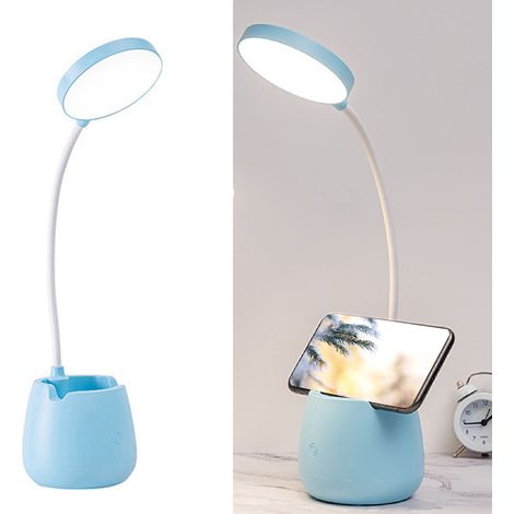 Lampe LED de bureau et de chevet bleue haute luminosité protecteur des yeux rechargeable USB avec support téléphone pour chambre (1/4)