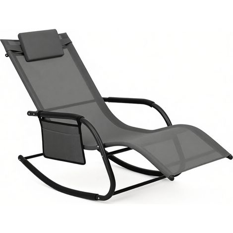 Chaise longue à bascule d'extérieur en tissu gris avec poche latérale, structure métal robuste, ergonomique pour terrasse, balcon, jardin et piscine – CHICFURN (1/5)