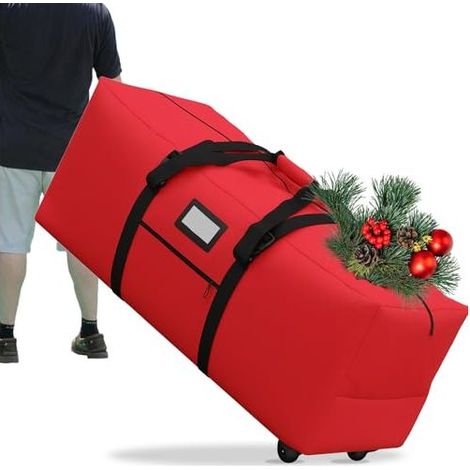 Sac de rangement pour sapin de Noël 1223851CM avec roulettes, double fermeture éclair, tissu 600D, sac de rangement pour vêtements, rouge. (1/5)