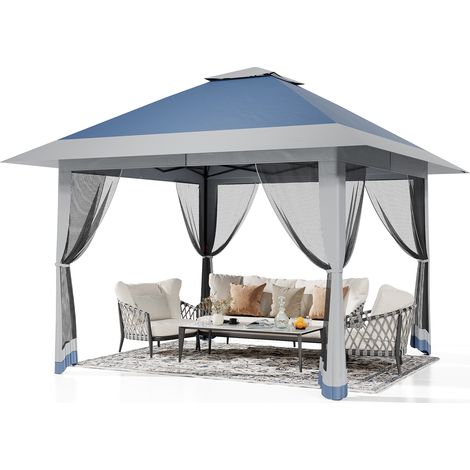 Tonnelle de jardin pliante 4 x 4 M, Pop Up Gazebo, Tente de Canopée, Moustiquaire, Rapide, 4 Sacs de Sable, Bleu et Gris (1/5)
