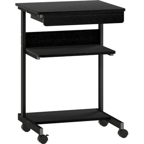 Bureau Informatique Mobile à Roulettes avec Tiroir et Étagères en Métal et Bois Noir 56x51x79 cm -PANGIVO (1/5)