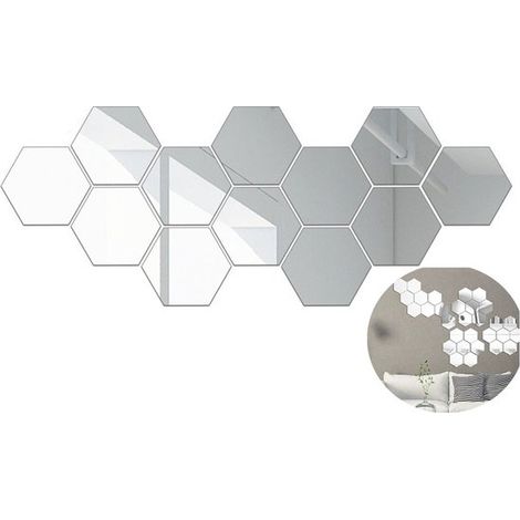 Espejo autoadhesivo，12 piezas，200 x 170 x 100 mm，Espejo hexagonal de pared，Adhesivos de pared con espejo，Espejo autoadhesivo grande，Plateado (1/5)
