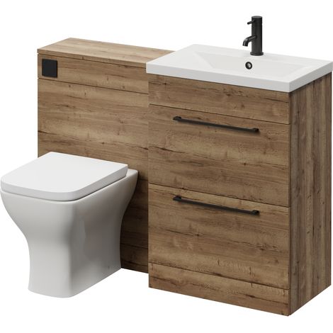 Napoli 390 Cento Tobacco Oak 1200mm 2 Drawer Vanity Unit Toilet Suite with Glide Basin - 1200mm - Matt Black 320mm HandleWith Kingston Toilet Pan and Seat