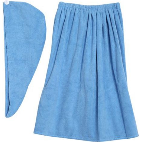 Ensemble de bain spa doux pour femme comprenant une serviette et un peignoir avec bonnet de séchage rapide bleu (1/5)