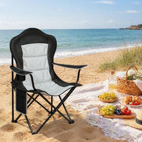 Silla plegable de camping con portavasos y bolsillo lateral, negra y gris DESVIAE (1/5)