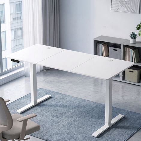 Bureau réglable en hauteur 140 x 60 cm, 3 hauteurs mémorisables, blanc (1/5)