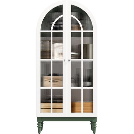 Vitrine de Salon avec 2 Portes en Verre Strié, 3 Étagères, Pieds en Bois, en MDF, Vert Foncé, 76 x 38.5 x 165 cm (1/5)