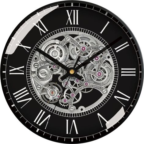 Horloge murale à chiffres romains (8 pouces), silencieuse sans tic-tac, conception à engrenages mécaniques, alimentée par piles. (1/5)