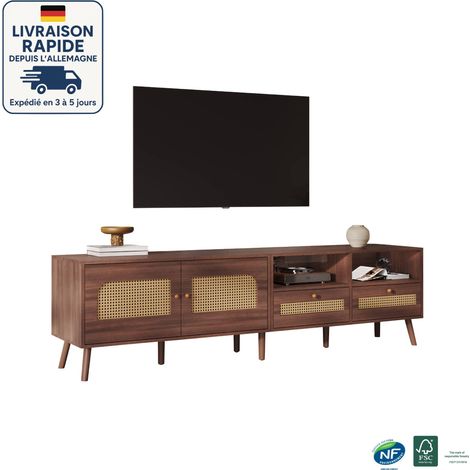 Mobile TV - Effetto legno + rattan - 200 x 37 x 49,5 cm - Per TV da 80" - Con 2 ante + 2 cassetti (1/5)
