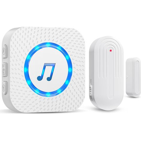 Alarme Porte et Fenêtre sans Fil 150 m, Carillon sans Fil 55 Mélodies 5 Niveaux de Volume, Sonnette sans Fil, Capteur de Porte Anti-Intrusion, Système d’Alarme Maison, Magasin et Entrée (1/5)