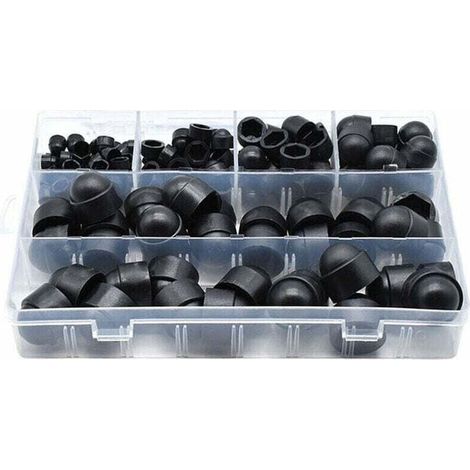 145-teiliges PE-Schraubenkappen-Sortiment mit Schraubmuttern. Passende Sicherungsmuttern für Schrauben und Bolzen. Erhältlich in 6 Größen, inklusive Aufbewahrungsbox. Farbe: Schwarz. (1/4)