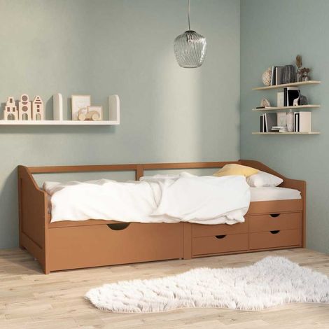 Lit banquette 3 places avec 5 tiroirs, en pin massif marron miel, 90 x 200 cm, sans matelas - PANGIVO (1/5)