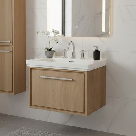 Hudson Reed Lille Wall Hung 1-Drawer Vanity Unit with 3TH Classique Basin 600mm Wide - Bleached Oak (1/5)